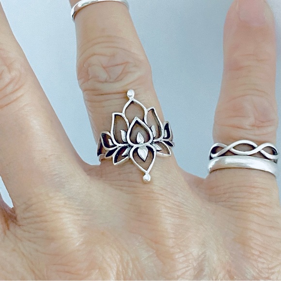 Sterling Silver Thin Vintage Style Lotus Flower Ring, Silver Rings, Yoga Jewelry - Picture 12 of 12